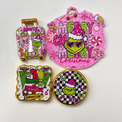 Pink Christmas Green Monster Acrylic Focal Beads & Charms, Retro Pinkmas Checkerboard Holiday Slide Beads for DIY Beadable Pens, Keychains & Crafts