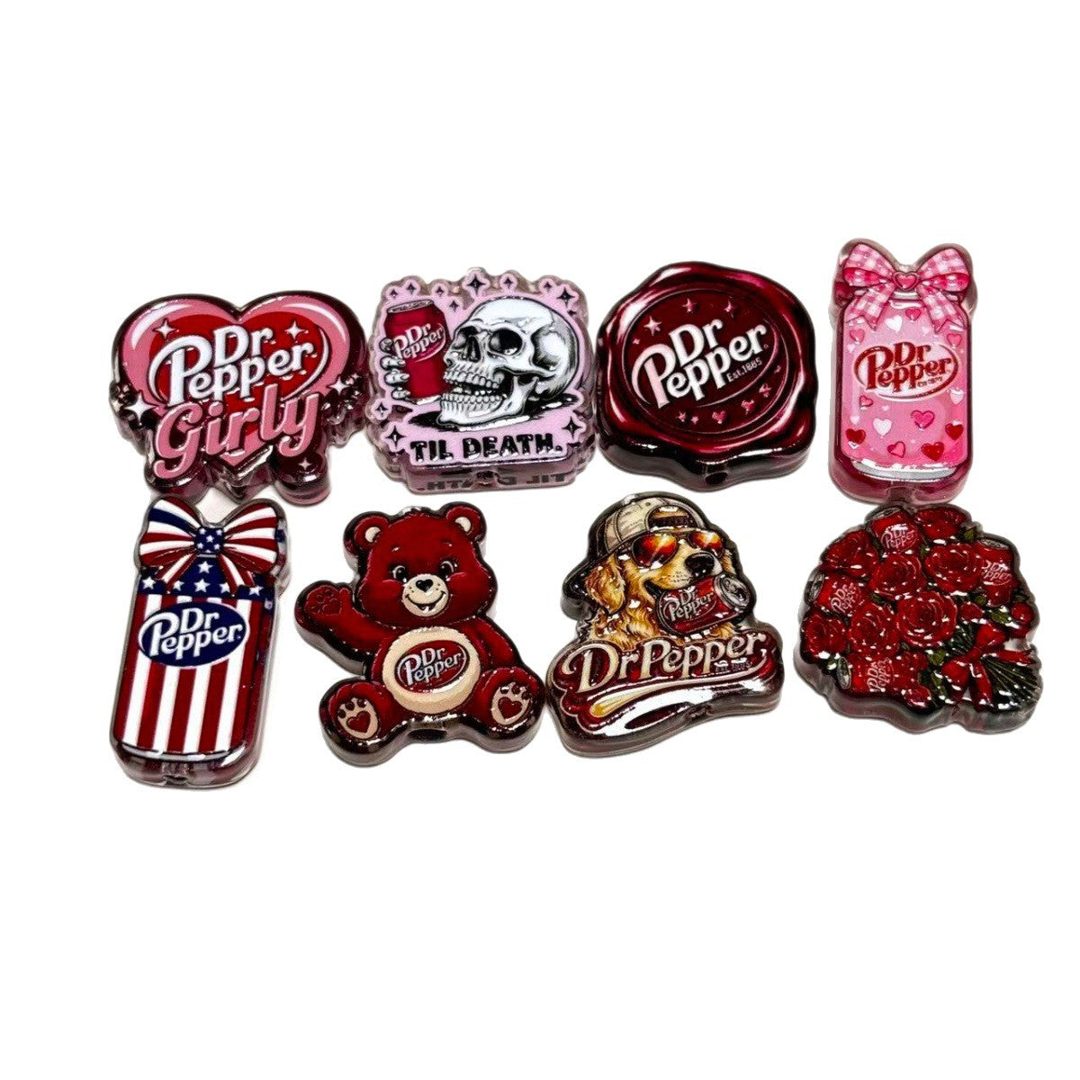 Dr Pepper Printed Acrylic Focal Beads Set, Soda Girly Heart & Skull Til Death Slide Charms for Beadable Pens & Keyrings