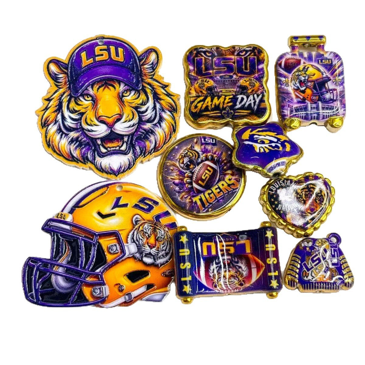 LSU Tigers College Football Acrylic Focal Beads & Charms Combo, Purple & Gold Helmet Mascot Slide Beads & Pendants for Pens & Keyrings