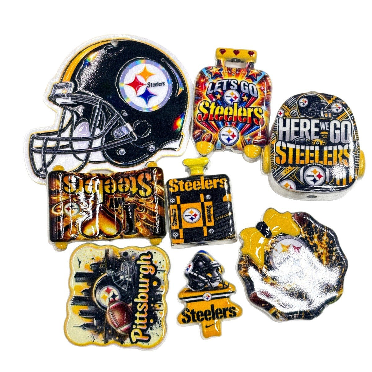 Pittsburgh Football Printed Acrylic Focal Beads Set, Black & Yellow Helmet Suitcase Slide Charms for Beadable Pens & Keyrings