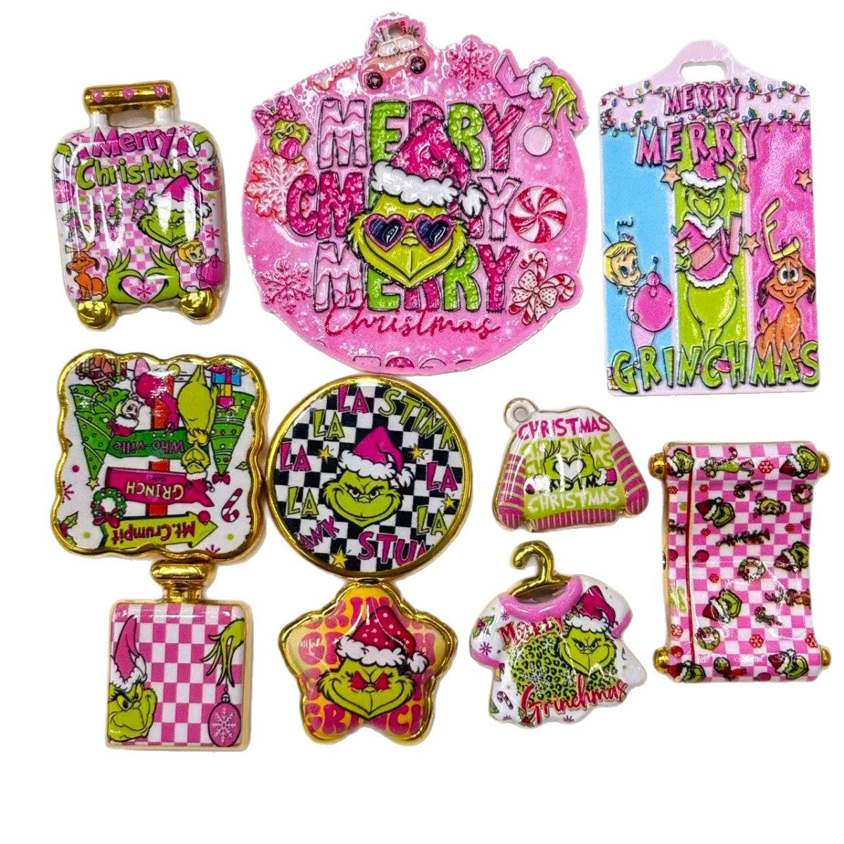 Pink Christmas Green Monster Acrylic Focal Beads & Charms, Retro Pinkmas Checkerboard Holiday Slide Beads for DIY Beadable Pens, Keychains & Crafts