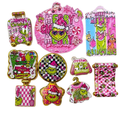 Pink Christmas Green Monster Acrylic Focal Beads & Charms, Retro Pinkmas Checkerboard Holiday Slide Beads for DIY Beadable Pens, Keychains & Crafts