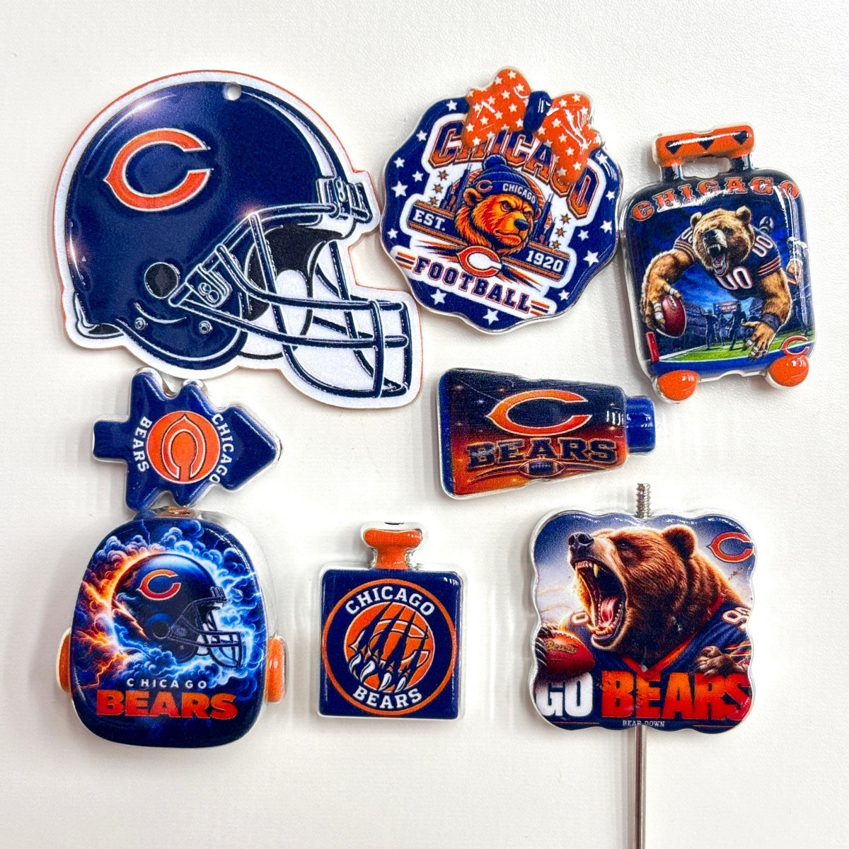 Navy & Orange Football Acrylic Focal Beads & Charms Set, Chicago Grizzly Bear Helmet Slide Beads & Pendants for DIY Beadable Pens, Keychains & Fan Crafts