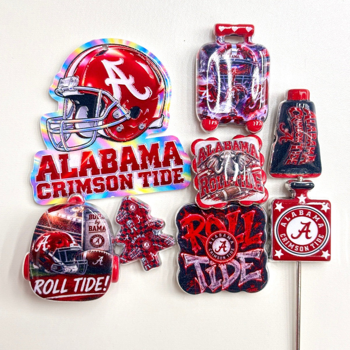 Alabama Crimson Tide Football Printed Acrylic Focal Beads Combo, Roll Tide Helmet Luggage Slide Beads & Pendants for Pens & Keyrings