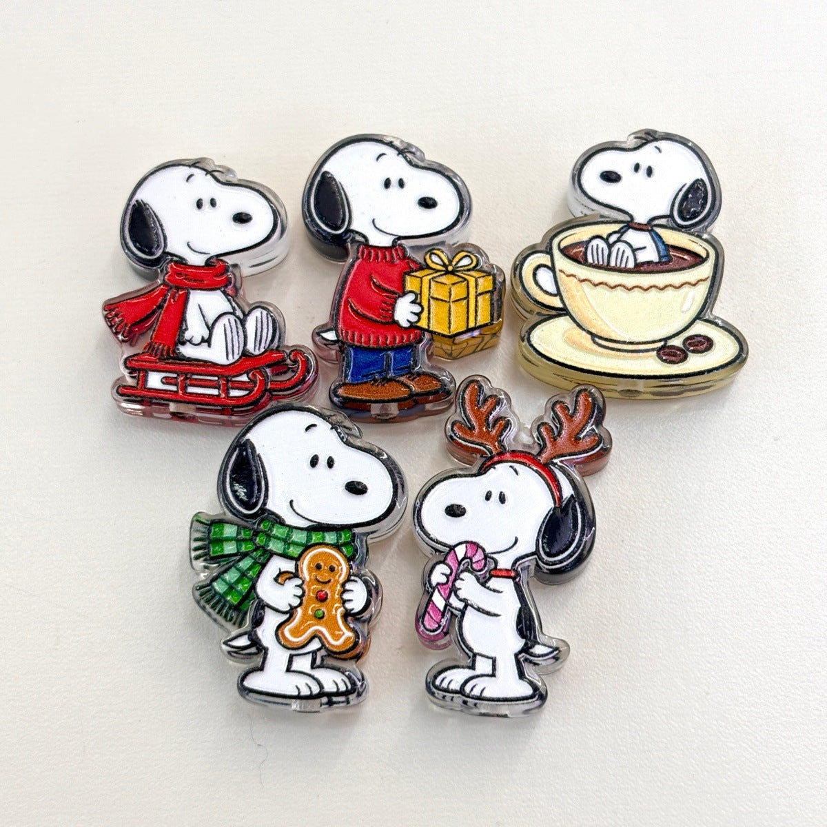 Winter Holiday Cartoon Beagle Acrylic Focal Beads, Christmas Puppy Sled Gingerbread Coffee Slide Beads for DIY Beadable Pens, Keychains & Crafts