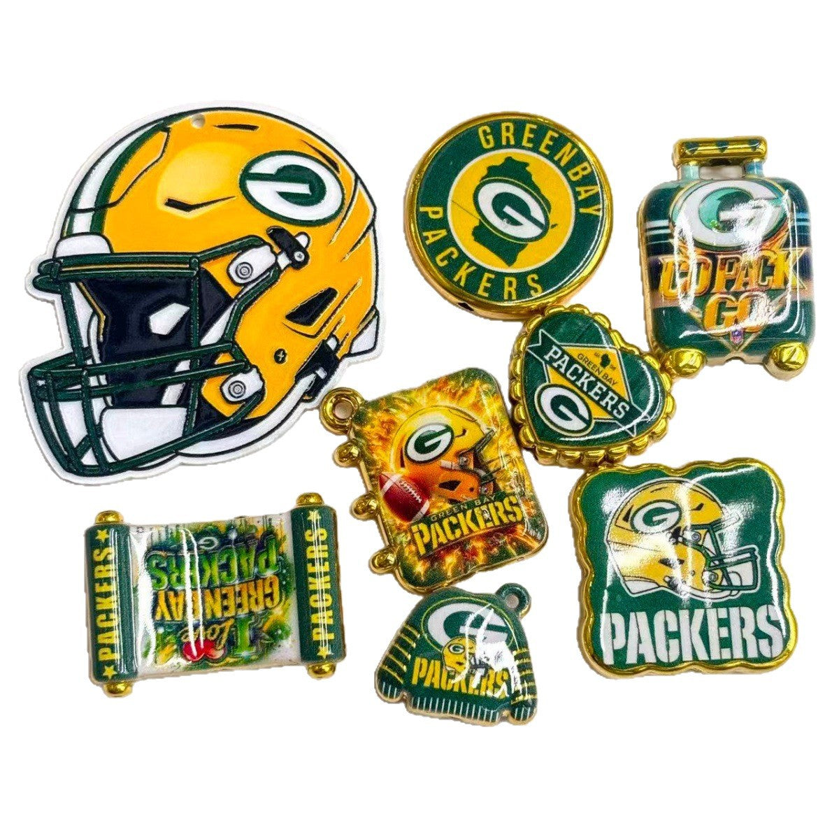 Green & Gold Football Acrylic Focal Beads & Charms Set, Game Day Helmet Luggage Slide Beads & Pendants for DIY Beadable Pens, Keychains & Fan Crafts