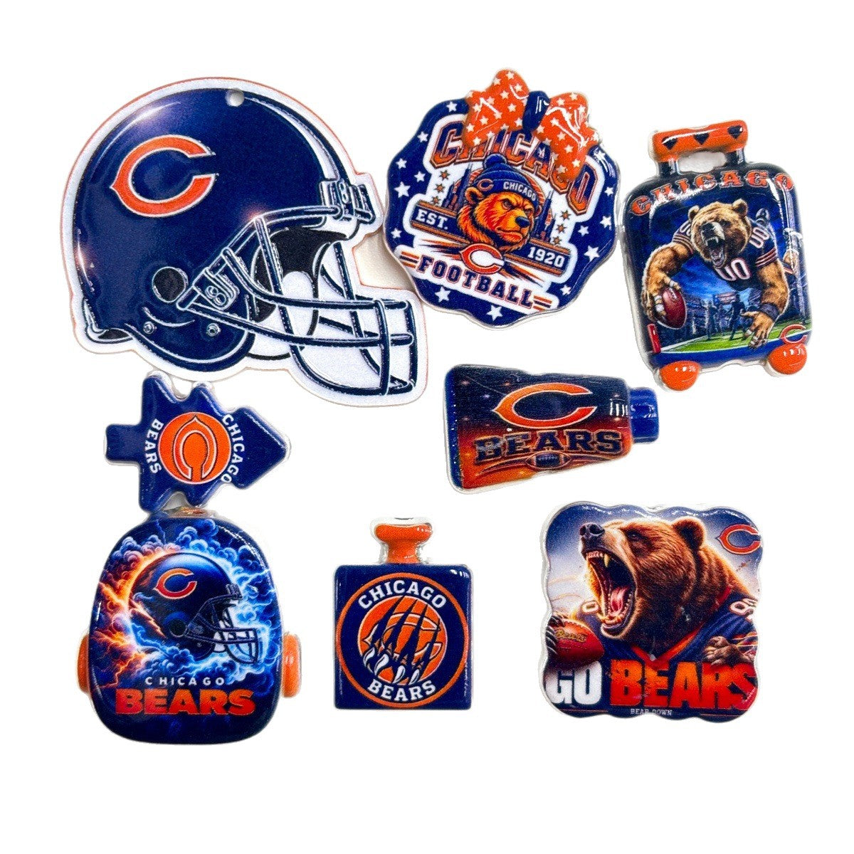 Navy & Orange Football Acrylic Focal Beads & Charms Set, Chicago Grizzly Bear Helmet Slide Beads & Pendants for DIY Beadable Pens, Keychains & Fan Crafts