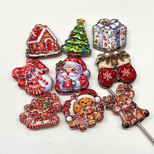 Christmas Holiday Acrylic Focal Beads, Vintage Santa Gingerbread Tree Reindeer Charms for DIY Beadable Pens, Keychains & Winter Crafts