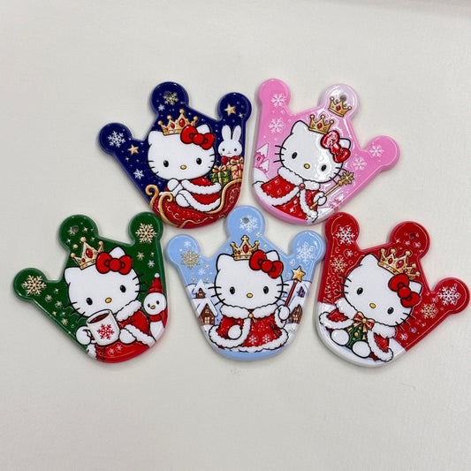 Cute Christmas Royal Kitty Crown Acrylic Focal Beads, Winter Snow Princess Cat Charms for DIY Beadable Pens, Keychains & Holiday Crafts
