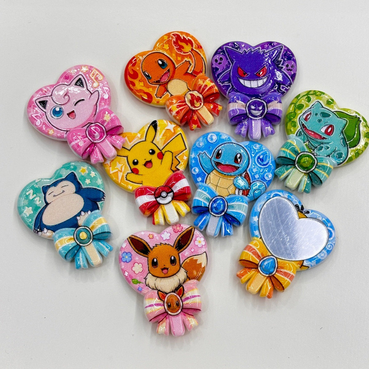 Cute Pocket Monsters Heart Ribbon Lollipop Acrylic Focal Beads, Kawaii Anime Creature DIY Printed Charms for Beadable Pens, Keychains & Wristlets