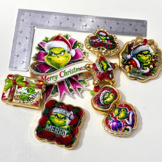 Christmas Holiday Green Monster Acrylic Focal Beads, Gold Rim Plaid Santa Thief Charms for DIY Beadable Pens, Keychains & Wreath Crafts