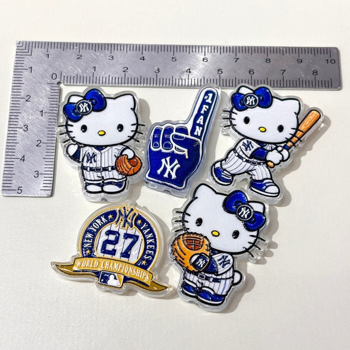 Cute Baseball Mascot Kitty Acrylic Focal Beads, New York Navy Pinstripe #1 Fan Charms for DIY Beadable Pens, Keychains & Game Day Crafts