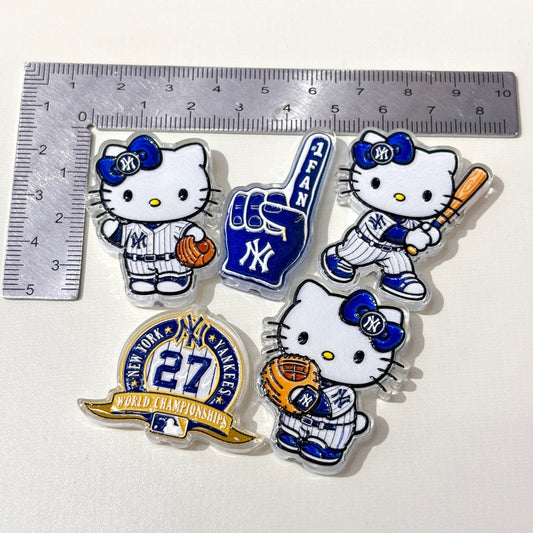 Cute Baseball Mascot Kitty Acrylic Focal Beads, New York Navy Pinstripe #1 Fan Charms for DIY Beadable Pens, Keychains & Game Day Crafts