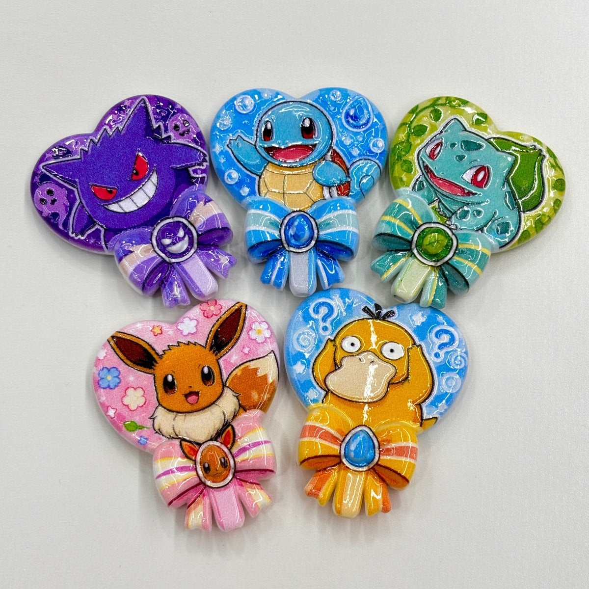 Cute Pocket Monsters Heart Ribbon Lollipop Acrylic Focal Beads, Kawaii Anime Creature DIY Printed Charms for Beadable Pens, Keychains & Wristlets