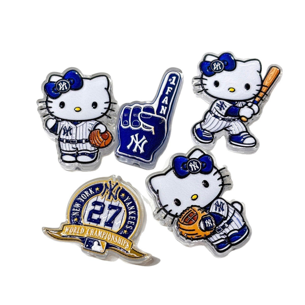 Cute Baseball Mascot Kitty Acrylic Focal Beads, New York Navy Pinstripe #1 Fan Charms for DIY Beadable Pens, Keychains & Game Day Crafts
