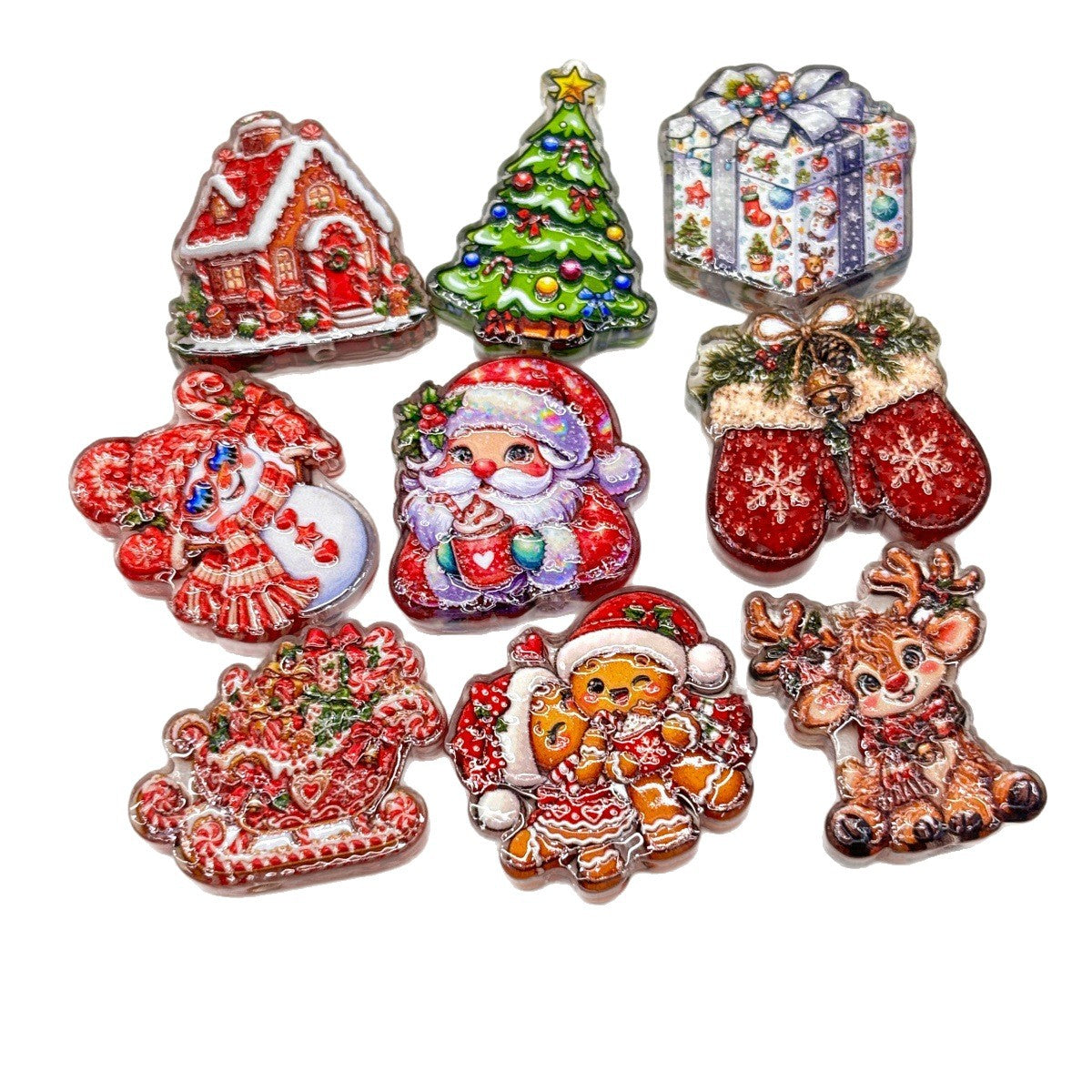 Christmas Holiday Acrylic Focal Beads, Vintage Santa Gingerbread Tree Reindeer Charms for DIY Beadable Pens, Keychains & Winter Crafts