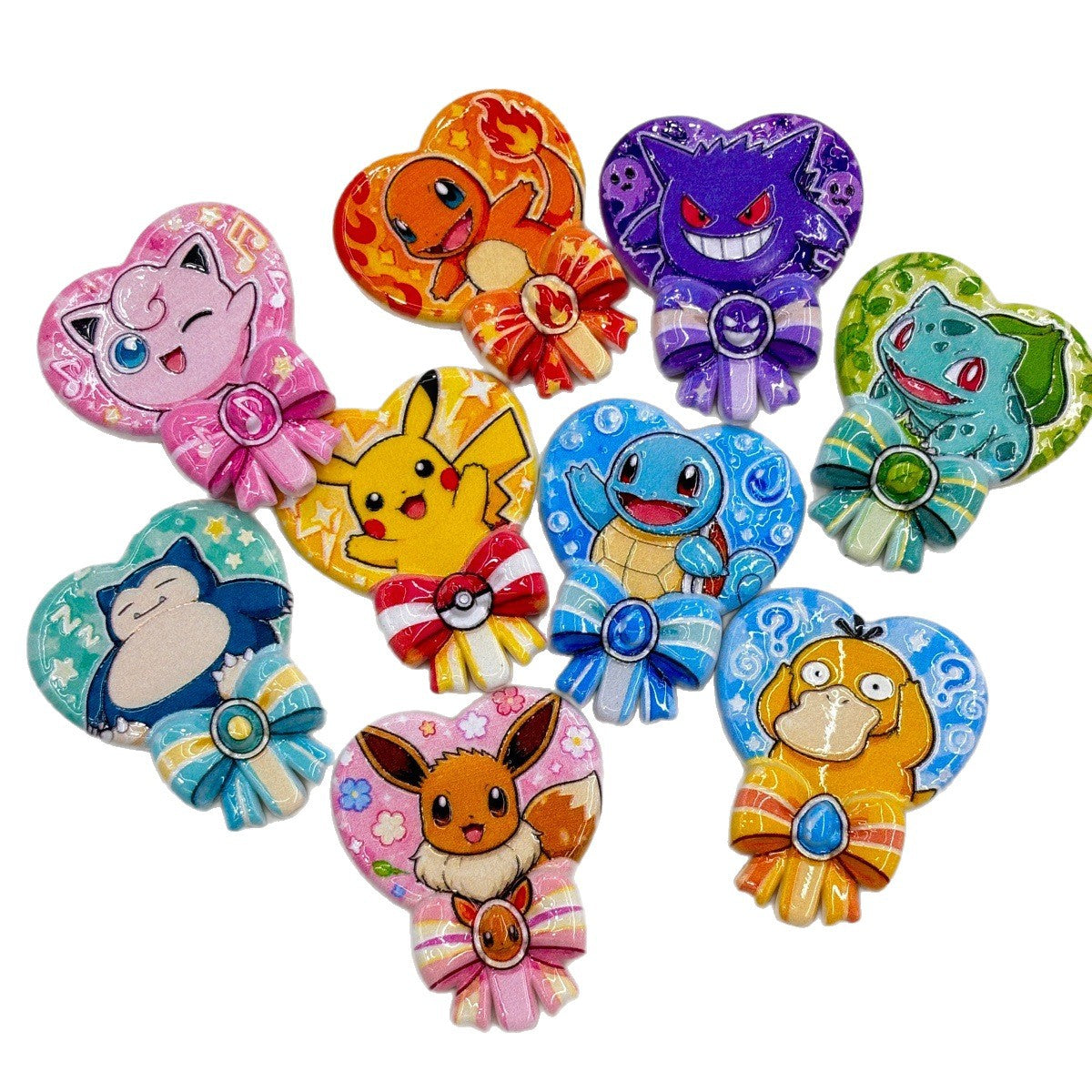 Cute Pocket Monsters Heart Ribbon Lollipop Acrylic Focal Beads, Kawaii Anime Creature DIY Printed Charms for Beadable Pens, Keychains & Wristlets