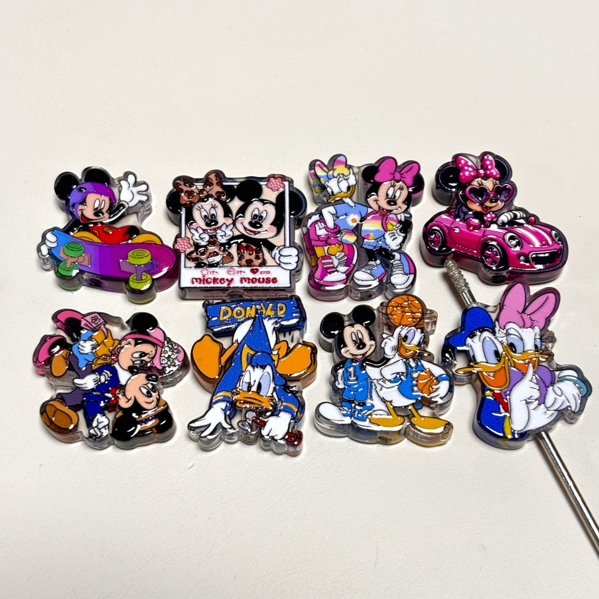 Cute Cartoon Mouse & Duck Friends Acrylic Focal Beads, Retro Couple & Sports Car Printed DIY Charms for Beadable Pens, Keychains & Wristlets