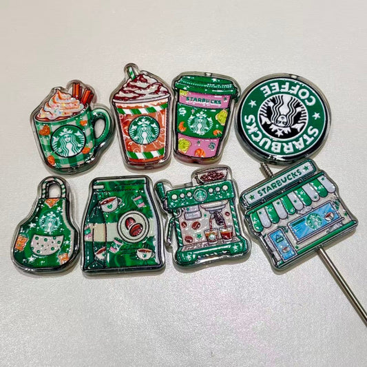 Green Mermaid Coffee Acrylic Focal Beads, Barista Apron Espresso Machine & Iced Cup Slide Beads for DIY Beadable Pens, Keychains & Cafe Crafts