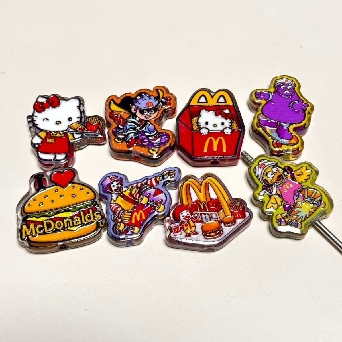 Retro Fast Food Mascot Acrylic Focal Beads, Red & Yellow Burger Meal Box Kitty Slide Beads for DIY Beadable Pens, Keychains & Nostalgic Crafts