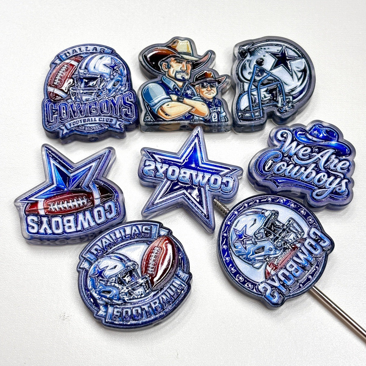 Texas Blue Star Football Acrylic Focal Beads, Silver & Blue Helmet Lone Star Slide Beads for DIY Beadable Pens, Keychains & Fan Crafts