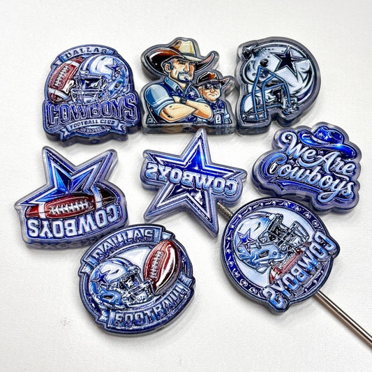 Texas Blue Star Football Acrylic Focal Beads, Silver & Blue Helmet Lone Star Slide Beads for DIY Beadable Pens, Keychains & Fan Crafts