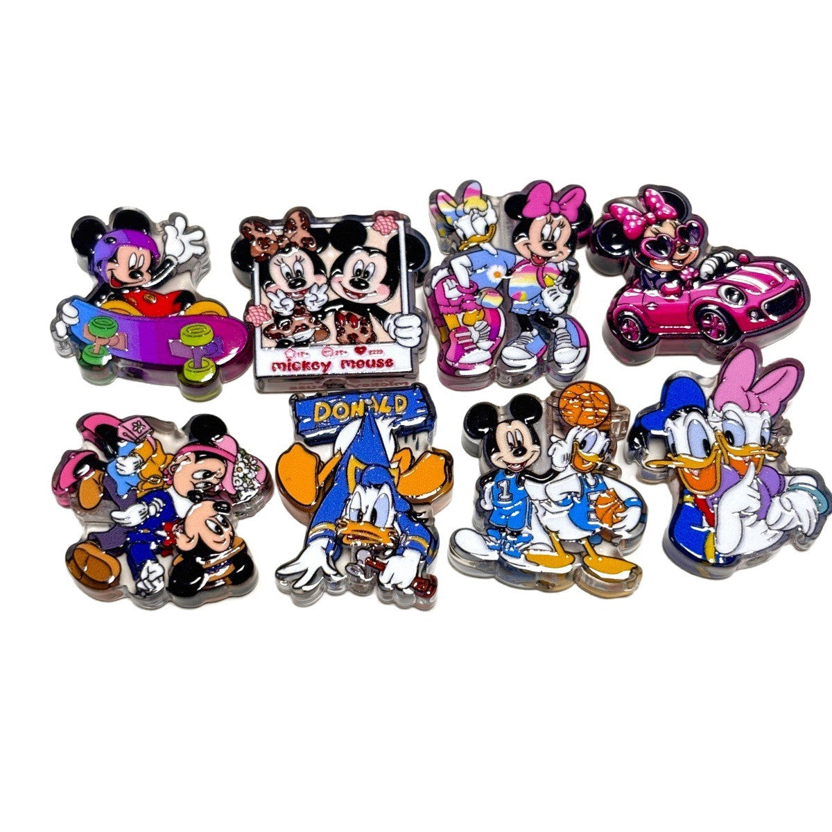 Cute Cartoon Mouse & Duck Friends Acrylic Focal Beads, Retro Couple & Sports Car Printed DIY Charms for Beadable Pens, Keychains & Wristlets