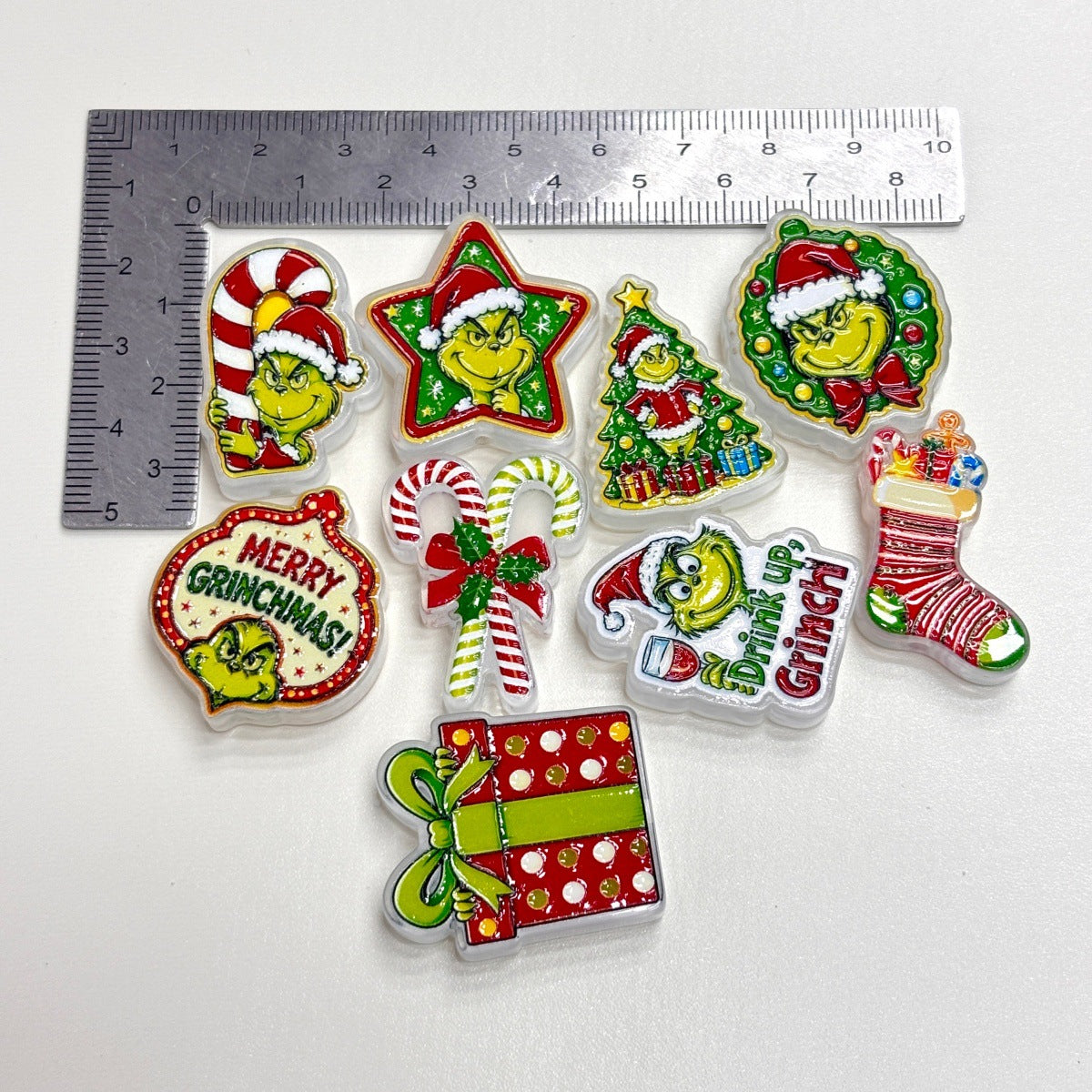 Christmas Grumpy Green Guy Acrylic Focal Beads, Festive Holiday Gift Box & Candy Cane Charms for DIY Beadable Pens, Keychains & Wristlets