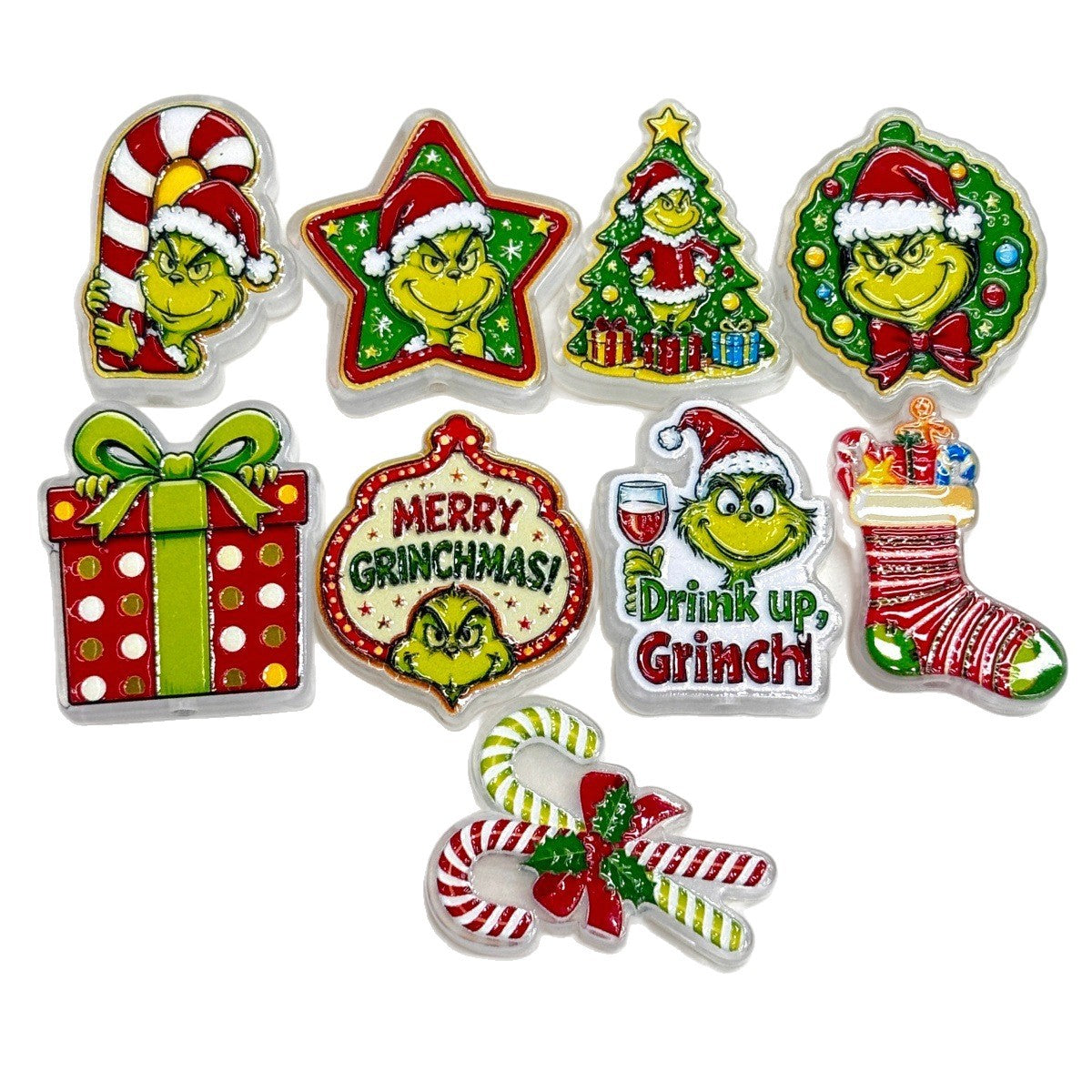 Christmas Grumpy Green Guy Acrylic Focal Beads, Festive Holiday Gift Box & Candy Cane Charms for DIY Beadable Pens, Keychains & Wristlets