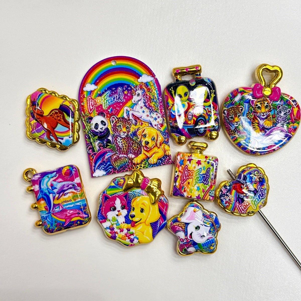 Retro 90s Rainbow Nostalgia Animal Acrylic Focal Beads, Gold Rim Neon Unicorn Cheetah Puppy Charms for DIY Beadable Pens, Keychains & Crafts