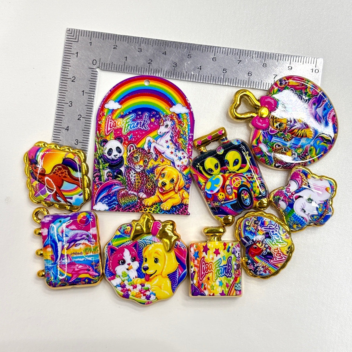 Retro 90s Rainbow Nostalgia Animal Acrylic Focal Beads, Gold Rim Neon Unicorn Cheetah Puppy Charms for DIY Beadable Pens, Keychains & Crafts