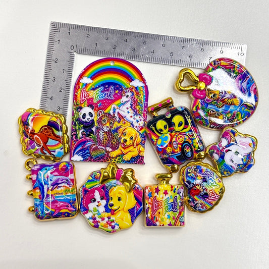 Retro 90s Rainbow Nostalgia Animal Acrylic Focal Beads, Gold Rim Neon Unicorn Cheetah Puppy Charms for DIY Beadable Pens, Keychains & Crafts