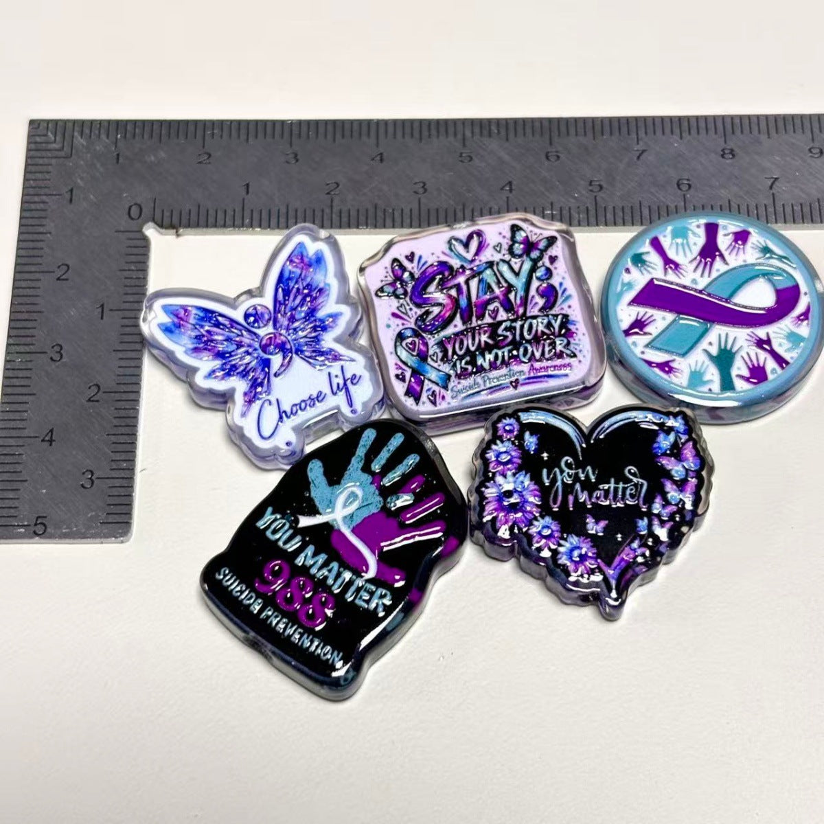 Mental Health & Suicide Prevention Awareness Acrylic Focal Beads, Teal Purple Ribbon Semicolon Butterfly Charms for DIY Beadable Pens & Keychains
