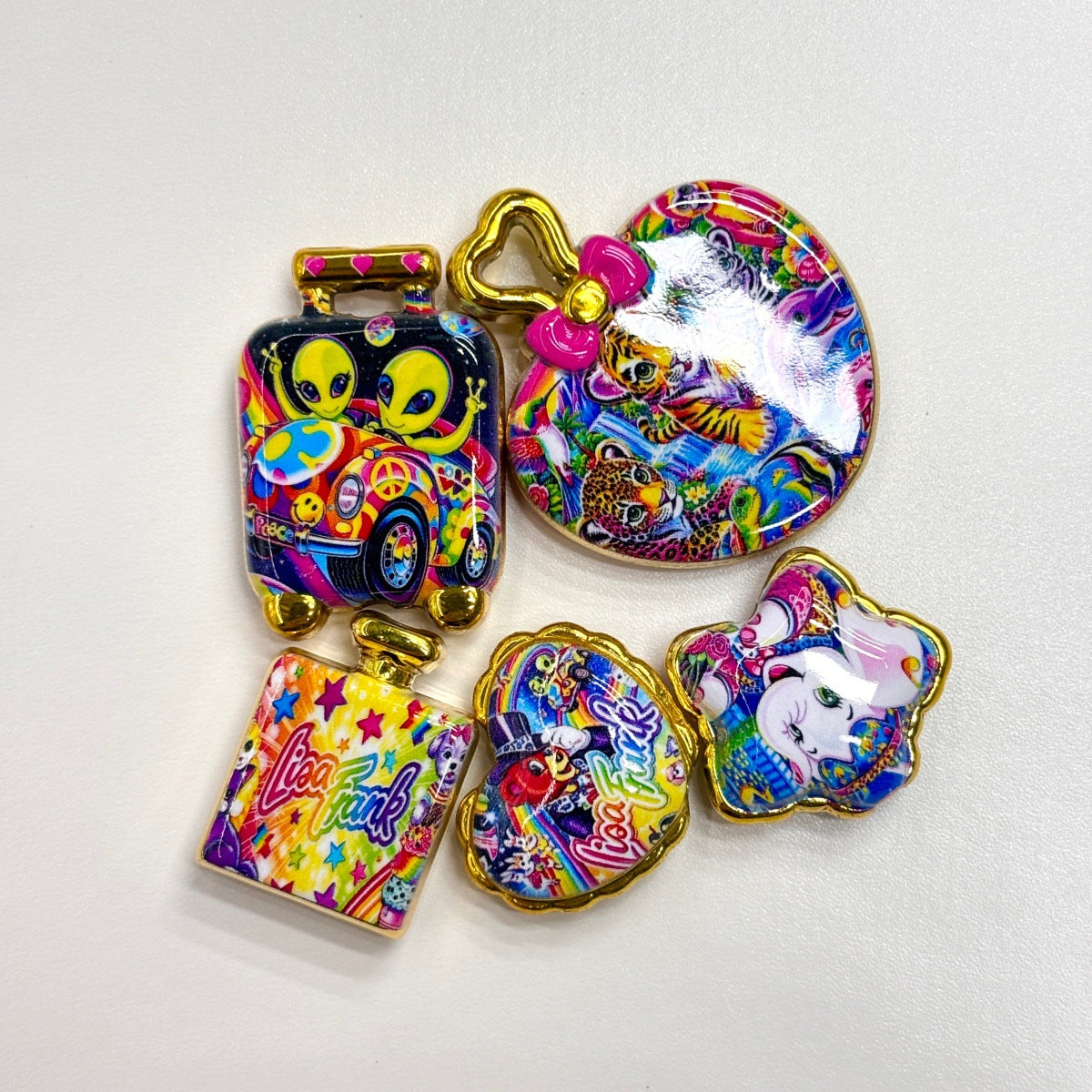 Retro 90s Rainbow Nostalgia Animal Acrylic Focal Beads, Gold Rim Neon Unicorn Cheetah Puppy Charms for DIY Beadable Pens, Keychains & Crafts