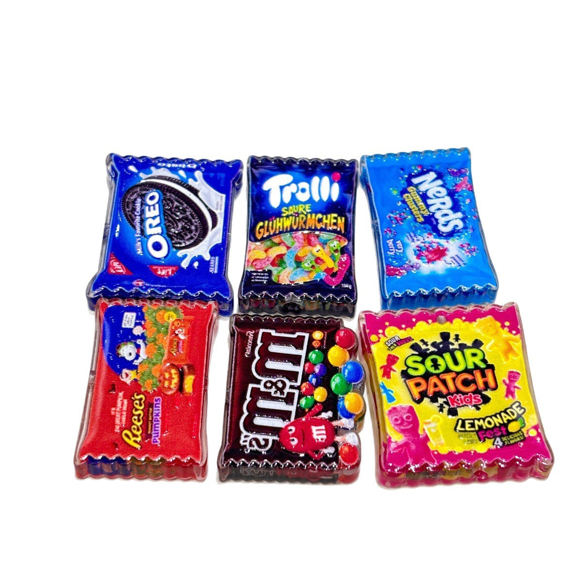 Cute Miniature Candy Snack Bag Acrylic Focal Beads, Sweet Chocolate Cookie & Sour Gummy Pack Charms for DIY Beadable Pens, Keychains & Wristlets