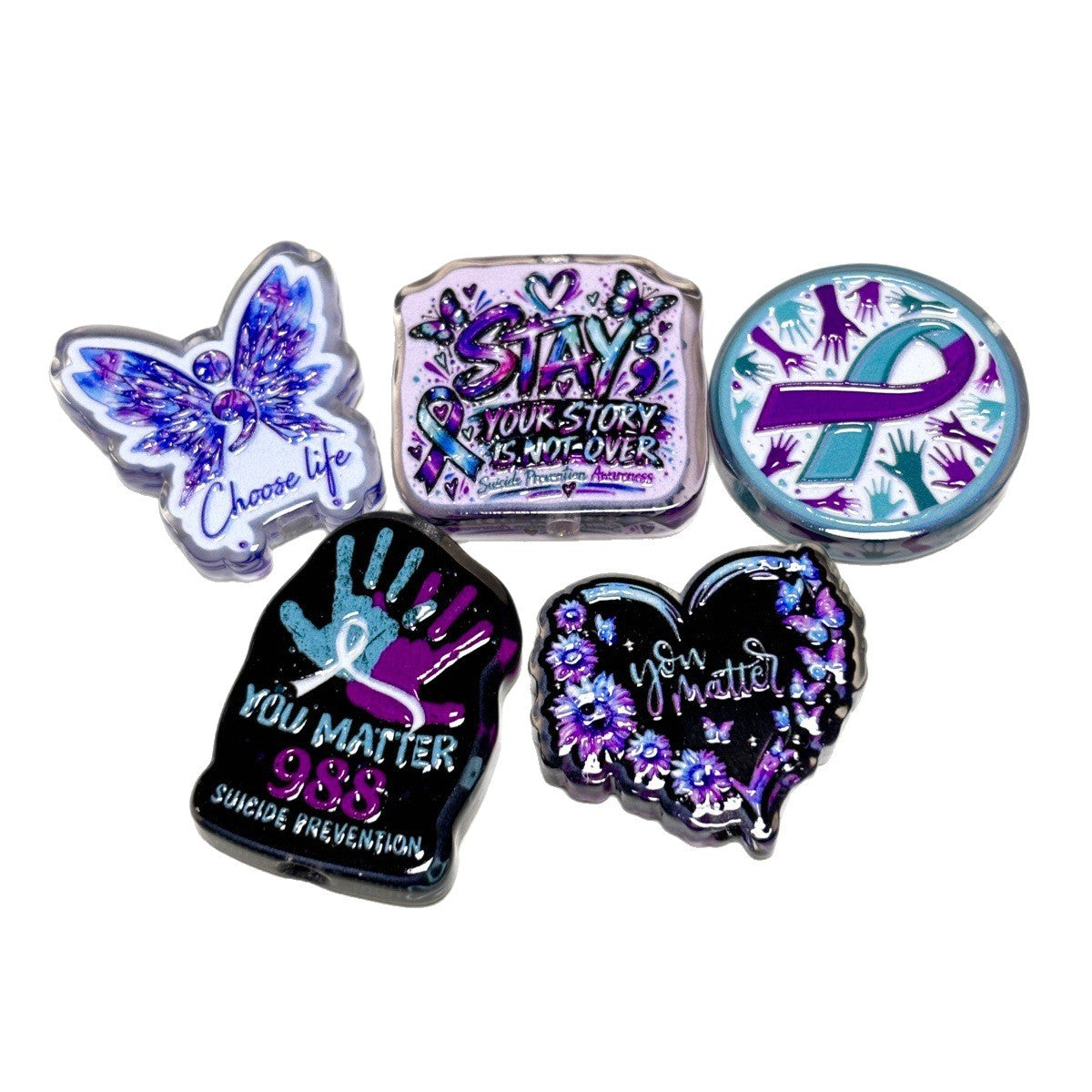 Mental Health & Suicide Prevention Awareness Acrylic Focal Beads, Teal Purple Ribbon Semicolon Butterfly Charms for DIY Beadable Pens & Keychains