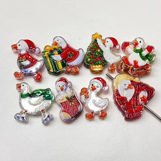 Cute Christmas Silly Goose Acrylic Focal Beads, Festive Holiday Duck Tree & Sled Charms for DIY Beadable Pens, Keychains & Wristlets