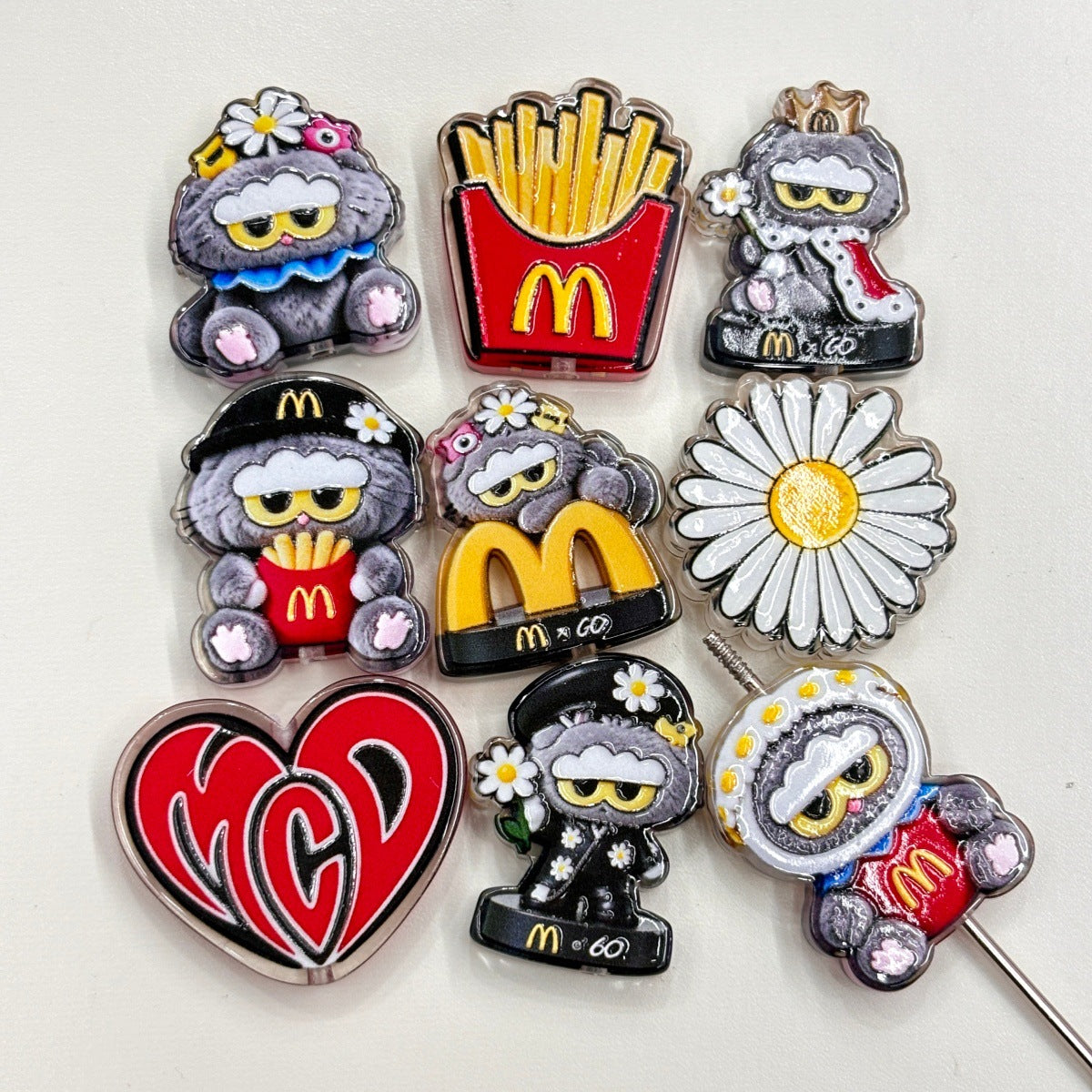 Streetwear Daisy & Fast Food Plush Acrylic Focal Beads, Yellow Arch Fries & Cartoon Monster Beads for Beadable Pens & Keychains