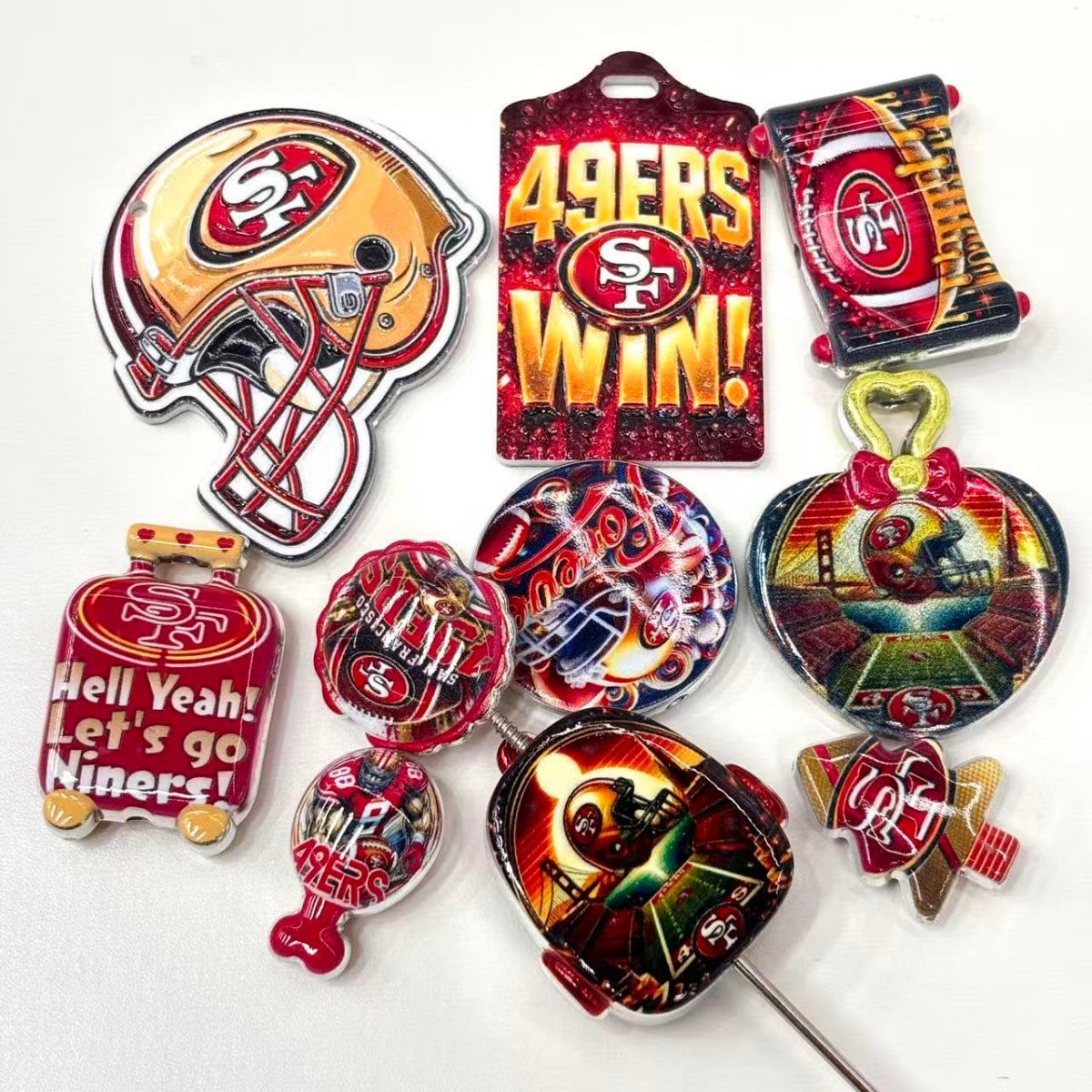 Red & Gold Football Focal Beads & Acrylic Pendants, Niners Game Day Helmet & Ball Charms for Beadable Pens & Keychains
