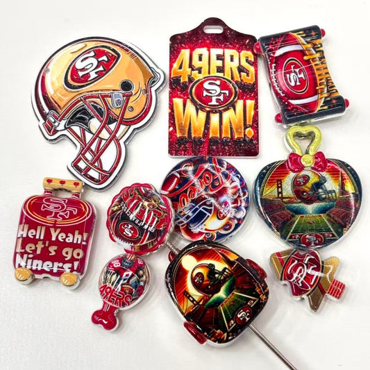 Red & Gold Football Focal Beads & Acrylic Pendants, Niners Game Day Helmet & Ball Charms for Beadable Pens & Keychains