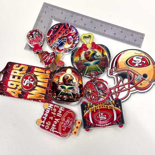 Red & Gold Football Focal Beads & Acrylic Pendants, Niners Game Day Helmet & Ball Charms for Beadable Pens & Keychains