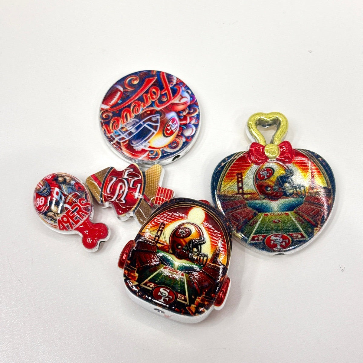 Red & Gold Football Focal Beads & Acrylic Pendants, Niners Game Day Helmet & Ball Charms for Beadable Pens & Keychains
