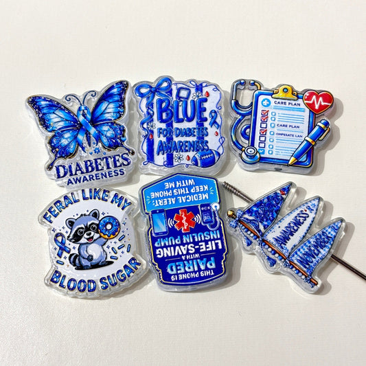 Diabetes Awareness Acrylic Focal Beads, Blue Ribbon & Medical Alert Care Plan Resin Beads for Beadable Pens & Keychains