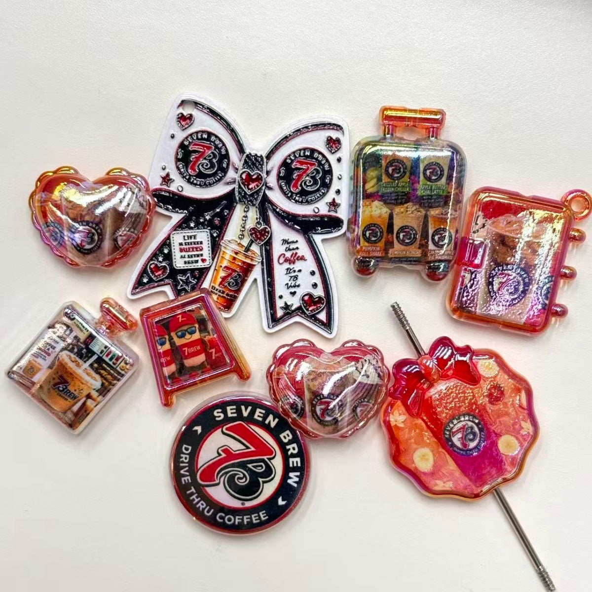 Drive-Thru Coffee Acrylic Focal Beads & Charms, Iced Coffee Drink & Bow Plaque Beads for Beadable Pens & Keychains