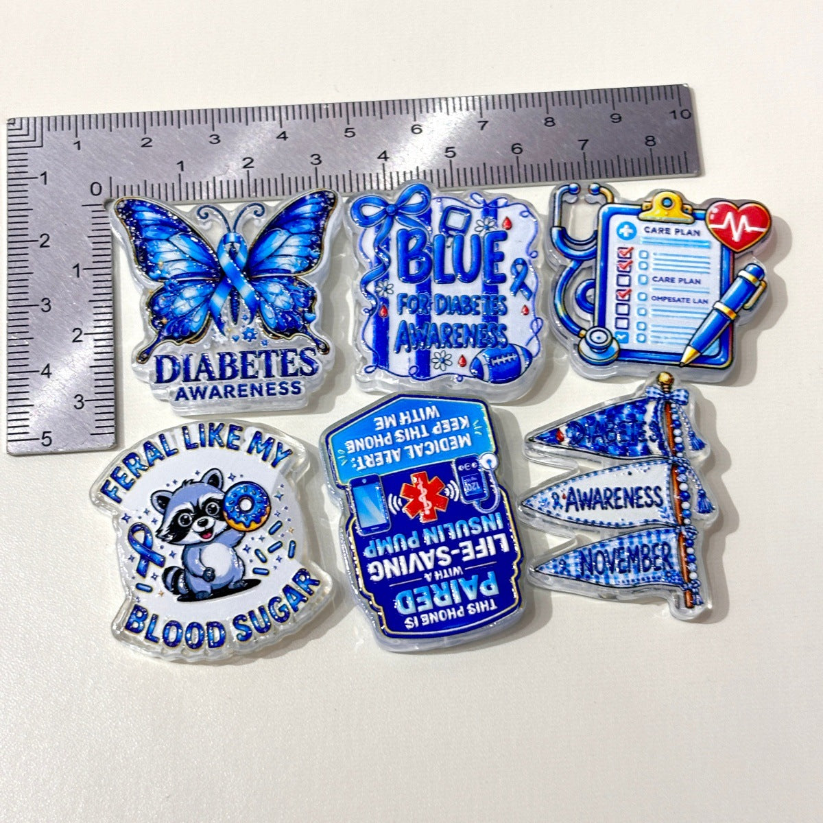 Diabetes Awareness Acrylic Focal Beads, Blue Ribbon & Medical Alert Care Plan Resin Beads for Beadable Pens & Keychains