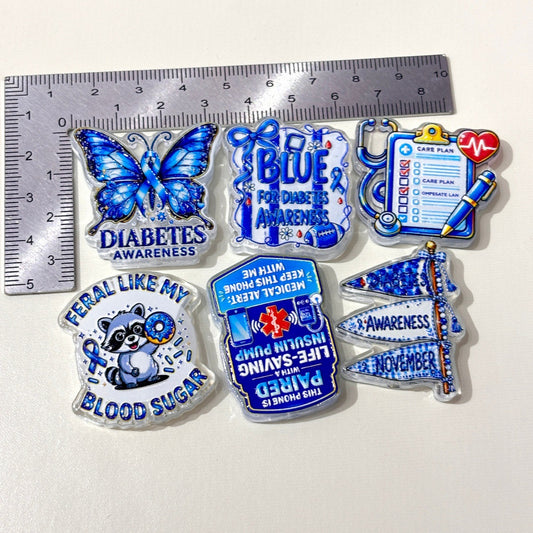 Diabetes Awareness Acrylic Focal Beads, Blue Ribbon & Medical Alert Care Plan Resin Beads for Beadable Pens & Keychains
