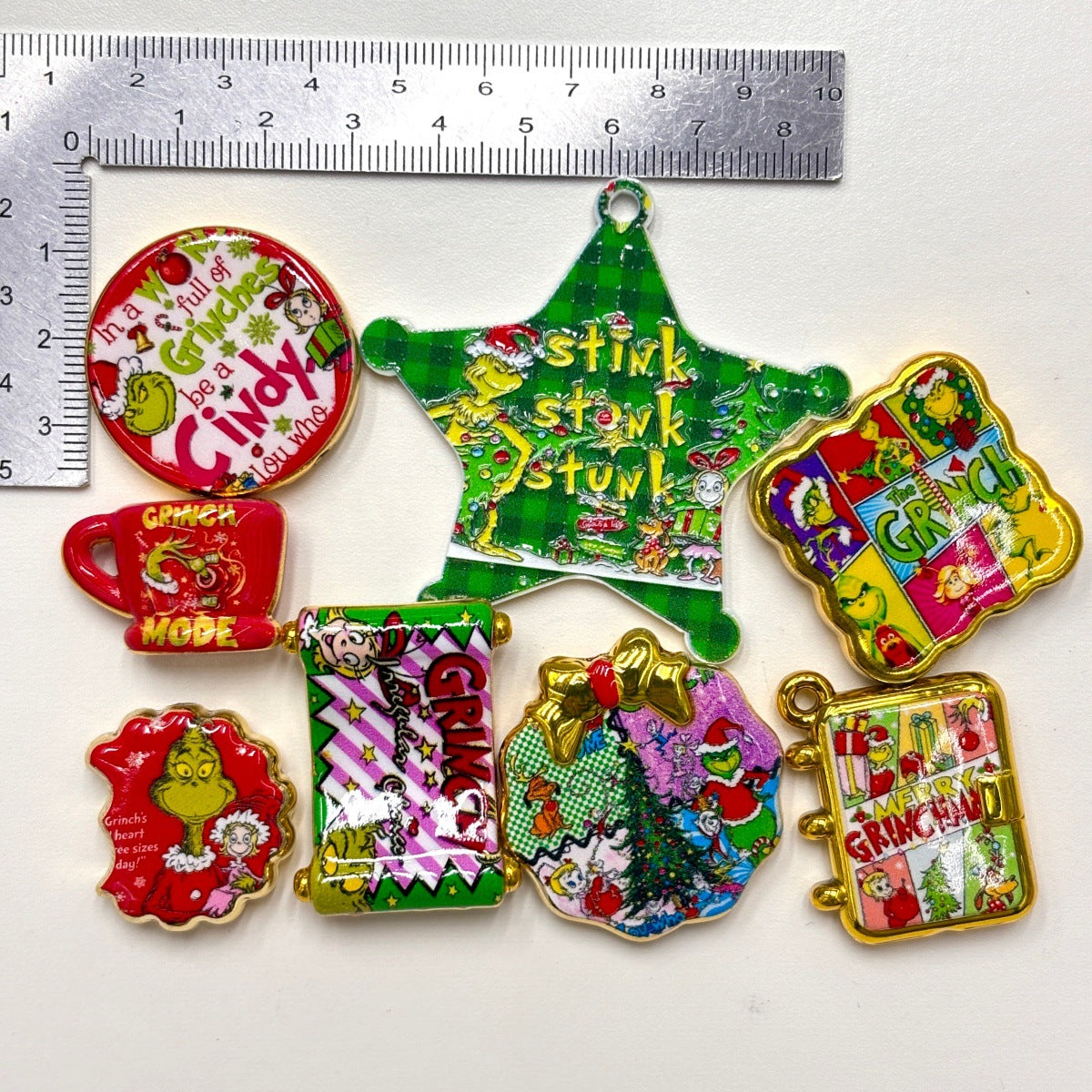 Green Holiday Monster Acrylic Focal Beads & Charms, Gold Trim Christmas Cartoon Beads for Beadable Pens, Keychains & DIY Gifts