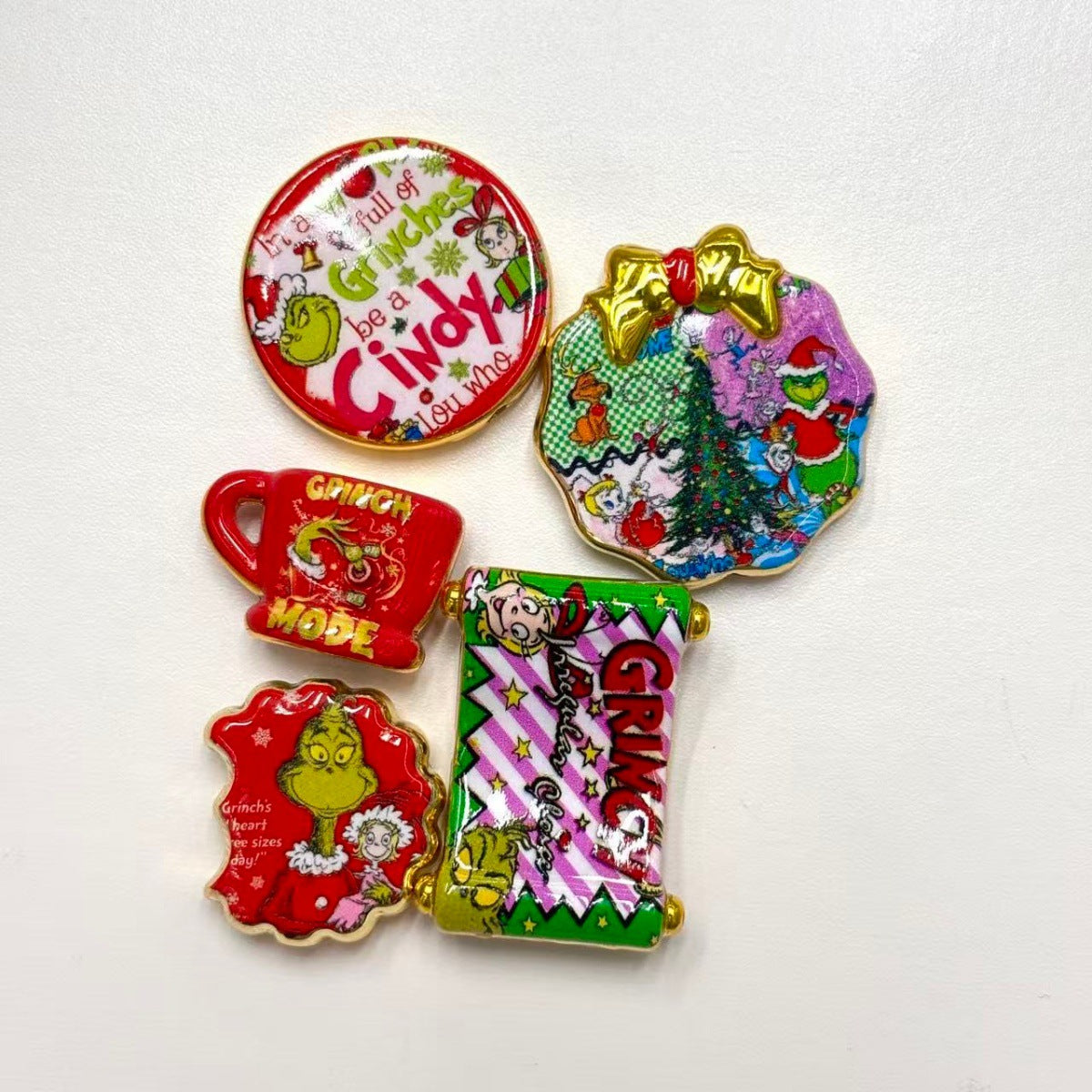 Green Holiday Monster Acrylic Focal Beads & Charms, Gold Trim Christmas Cartoon Beads for Beadable Pens, Keychains & DIY Gifts