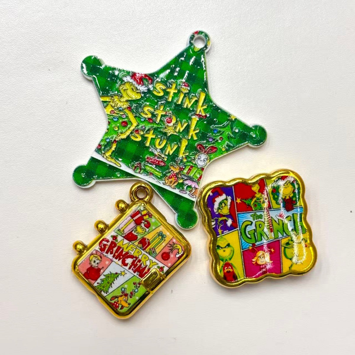 Green Holiday Monster Acrylic Focal Beads & Charms, Gold Trim Christmas Cartoon Beads for Beadable Pens, Keychains & DIY Gifts