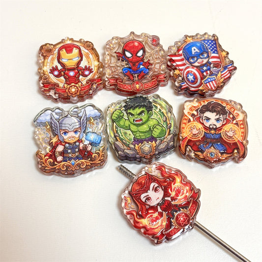 Baroque Crest Superhero Acrylic Focal Beads, Chibi Comic Alliance Warriors for DIY Beadable Pens, Keychains & Crafts